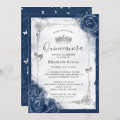 Roos van Navy Blue en Silver Elegant Quinceanera Kaart (Voorkant / Achterkant)