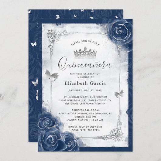 Roos van Navy Blue en Silver Elegant Quinceanera Kaart (Voorkant / Achterkant)