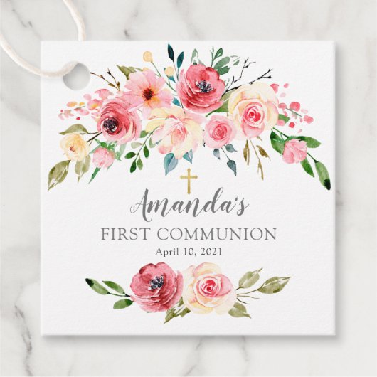 Roos van pony's Floral Eerste Heilige Communie Bedankjes Labels (Voorkant)