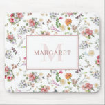 Roos van tuinen Roze Floral Waterverf Monogrammen Muismat<br><div class="desc">Monogram mousepad met tuinbloemigen in de waterverf. Ideaal voor elke keer.</div>
