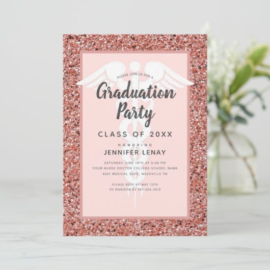 Roos van verpleegschool Gold Glitter Graduparty Kaart (Staand voorkant)