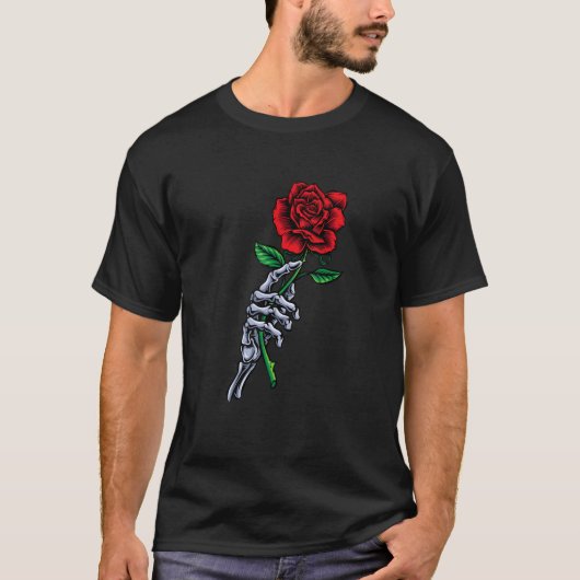 Roos Ventilator Skelet Handje met rode roze T-shirt (Voorkant)