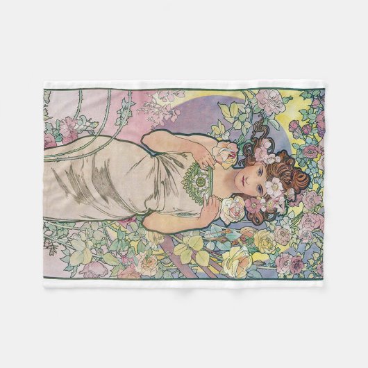 Roos (vier bloemen), Alphonse Mucha Fleece Deken (Voorkant (Horizontaal))