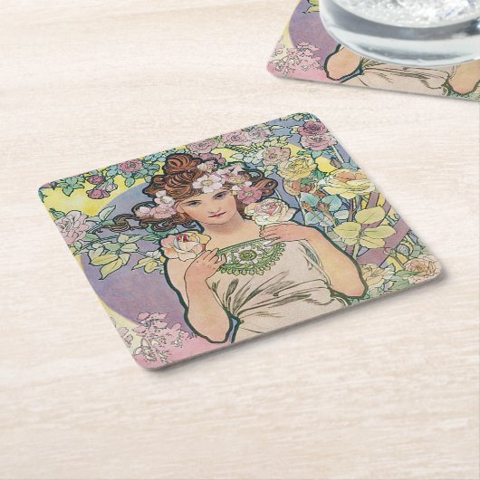 Roos (vier bloemen), Alphonse Mucha Kartonnen Onderzetters (Schuin)