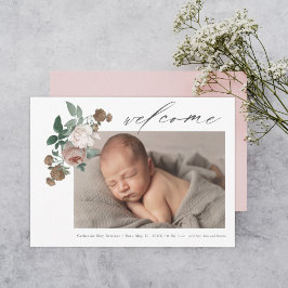 Roos vintage bloemen baby foto geboorteaankondigin kaart