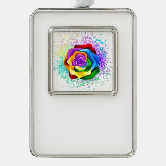 Roos voor kleurrijke regenboog verzilverd omlijst ornament (Voorkant)