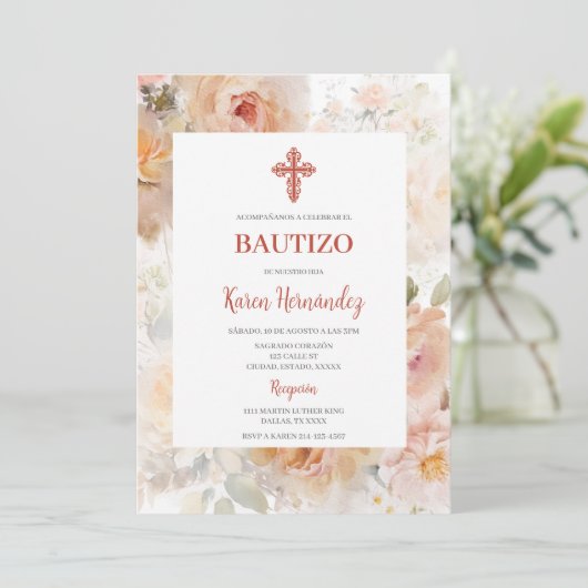 Roos watergekleurd Dopen Spaans Uitnodiging (Staand voorkant)