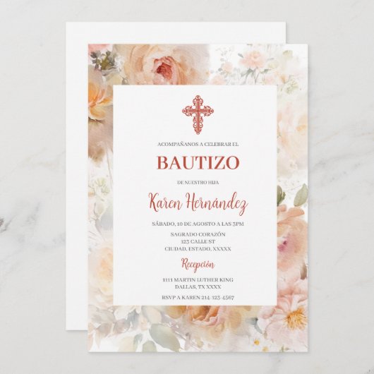 Roos watergekleurd Dopen Spaans Uitnodiging (Voorkant / Achterkant)