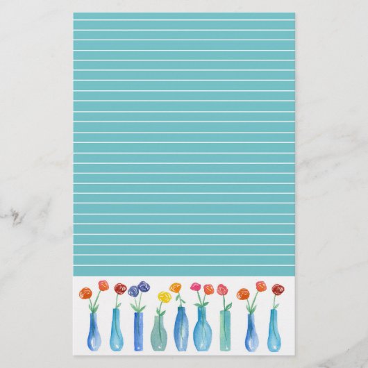 Roos Waterverf Bloemen Turquoise gevoerd Briefpapier (Voorkant)