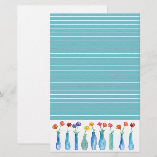 Roos Waterverf Bloemen Turquoise gevoerd Briefpapier (Voorkant / Achterkant)