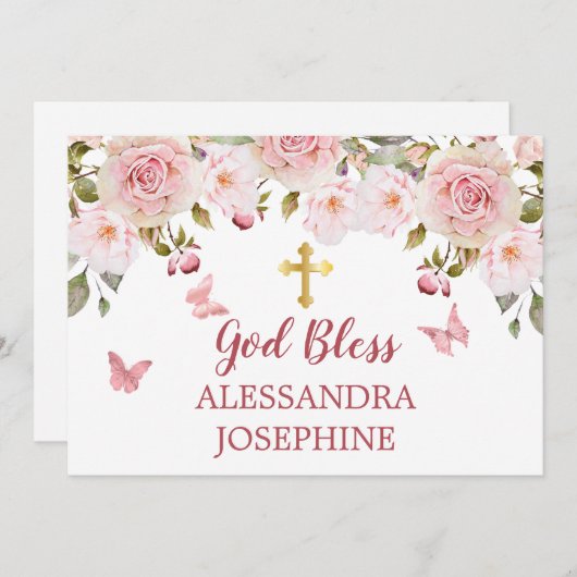 Roos Waterverf Bloemenvlinders en Kruis Naam Kaart (Voorkant / Achterkant)