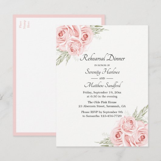Roos Waterverf Blush Roze Floral repetitie Dinner Uitnodiging Briefkaart (Voorkant / Achterkant)