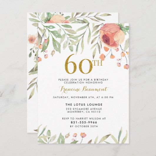 Roos waterverf en elegant script 60e verjaardag uitnodiging briefkaart (Voorkant / Achterkant)
