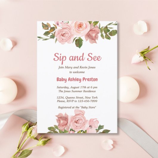 Roos Waterverf Floral Baby shower Kaart