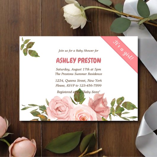 Roos Waterverf Floral Baby shower Kaart