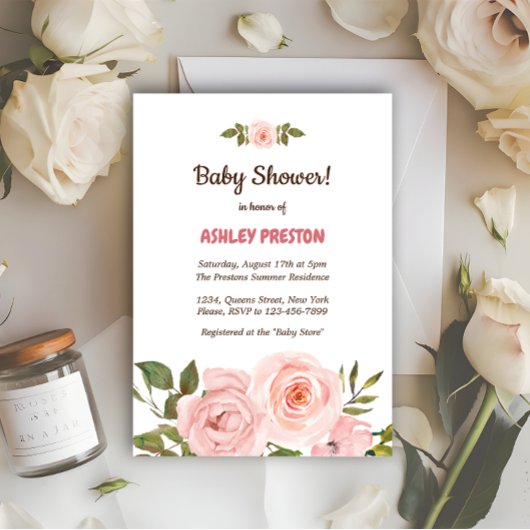 Roos Waterverf Floral Baby shower Kaart