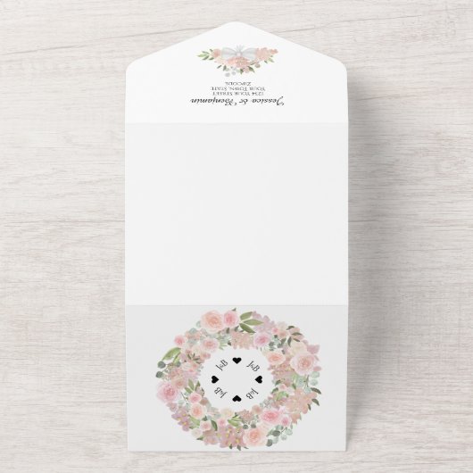 Roos Waterverf Floral Wedding Rustic Dusty All In One Uitnodiging (Buitenkant)