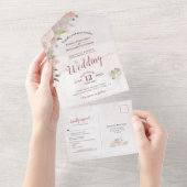 Roos Waterverf Floral Wedding Rustic Dusty All In One Uitnodiging (Afscheurbaar)
