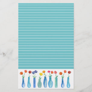 Roos Waterverf Flowers Turquoise Lined Briefpapier