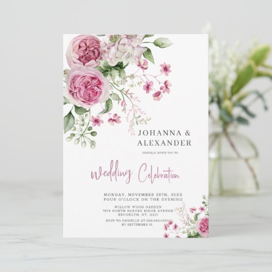 Roos Waterverf Pioen Elegantie Bruiloft Uitnodigin Kaart (Staand voorkant)
