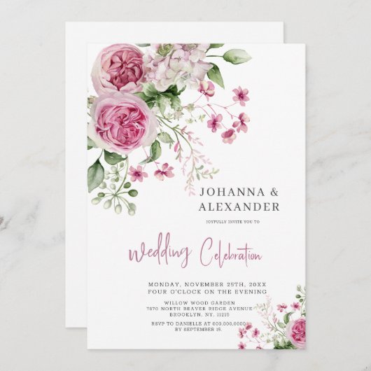 Roos Waterverf Pioen Elegantie Bruiloft Uitnodigin Kaart (Voorkant / Achterkant)
