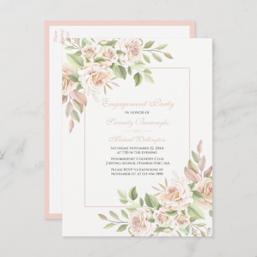 Roos Waterverf Roze Floral Engagement Party Invi Uitnodiging Briefkaart (Voorkant / Achterkant)