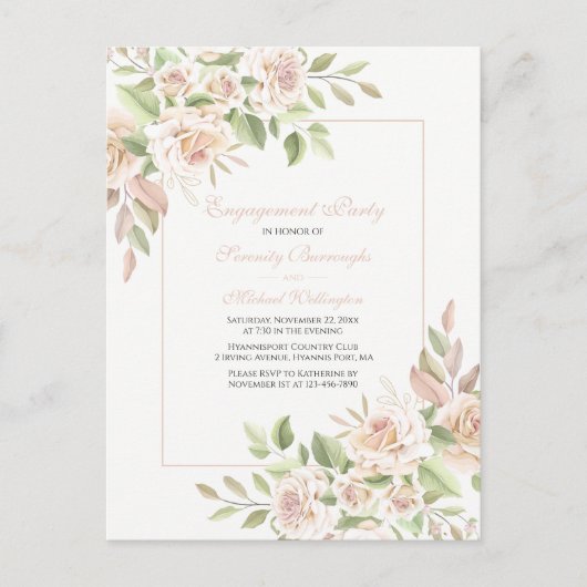 Roos Waterverf Roze Floral Engagement Party Invi Uitnodiging Briefkaart (Voorkant)