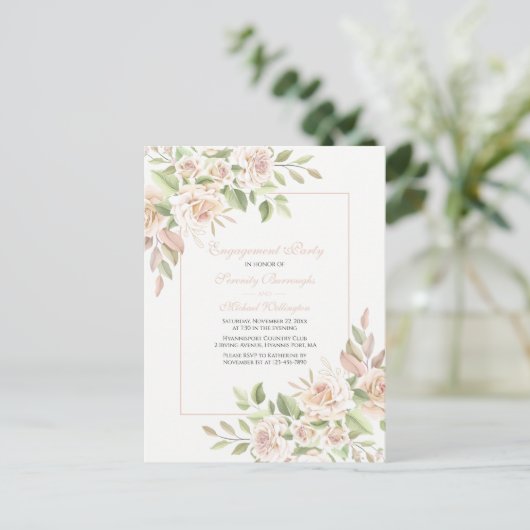 Roos Waterverf Roze Floral Engagement Party Invi Uitnodiging Briefkaart (Staand voorkant)