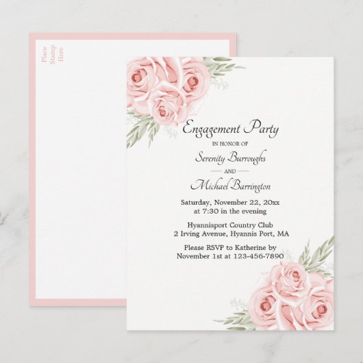Roos Waterverf Roze Floral Engagement Party Uitnodiging Briefkaart (Voorkant / Achterkant)