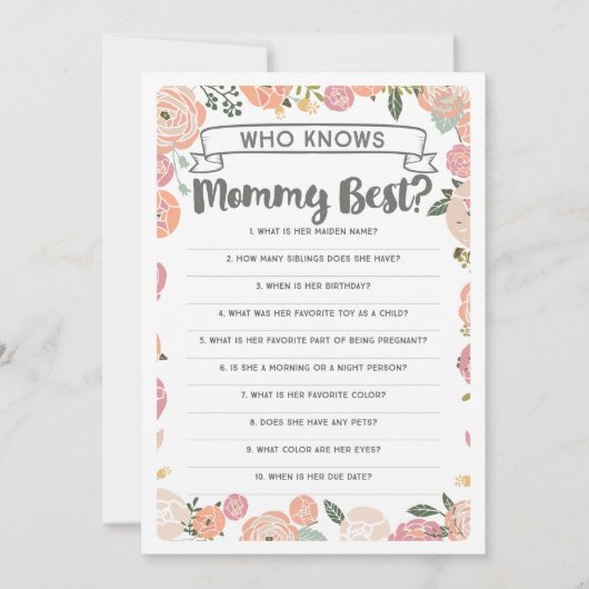 Roos Wie kent Mama Beste Baby shower Spel Kaart (Voorkant)