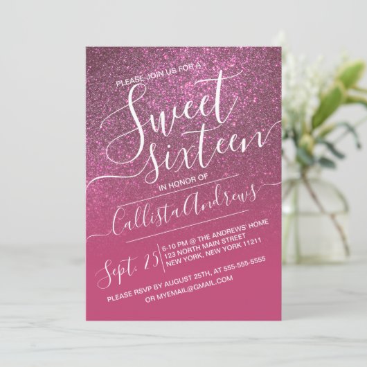 Roos Wijn Roze faux Sparkly Glitter Ombre Sweet 16 Kaart (Staand voorkant)