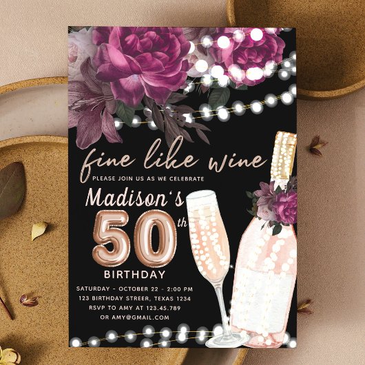 Roos Wijnluxe 50e Verjaardagsuitnodiging Kaart