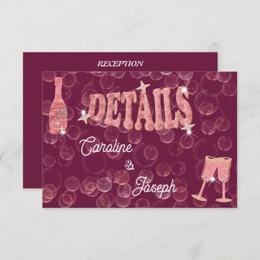 Roos Wijnsterfles & Glitter Glazen Bruiloft Informatiekaartje (Voorkant / Achterkant)