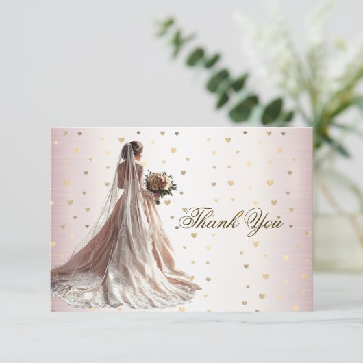 Roos Winter Bruid Golden Shiny Heart Party Bedankkaart (Staand voorkant)