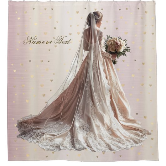 Roos Winter Bruid Golden Shiny Heart Party Douchegordijn (Voorkant)