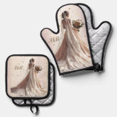 Roos Winter Bruid Golden Shiny Heart Party Ovenwant & Pannenlap Set (Voorkant / Achterkant)