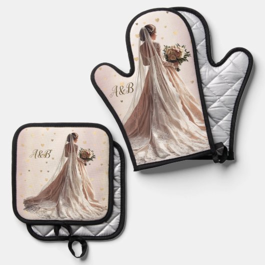 Roos Winter Bruid Golden Shiny Heart Party Ovenwant & Pannenlap Set (Voorkant / Achterkant)