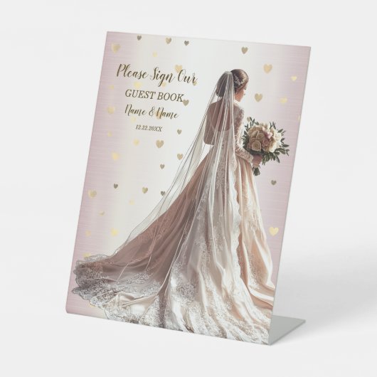 Roos Winter Bruid Golden Shiny Heart Party Reclamebord Met Voetstuk (Voorkant)