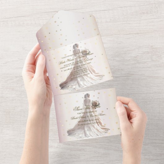 Roos Winter Bruid Golden Shiny Hearts All In One Uitnodiging (Afscheurbaar)