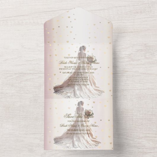Roos Winter Bruid Golden Shiny Hearts All In One Uitnodiging (Binnen)