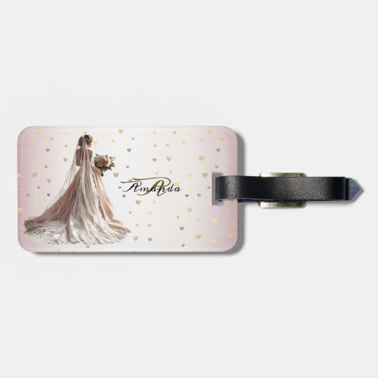 Roos Winter Bruid Golden Shiny Hearts Bagagelabel (Achterkant horizontaal)