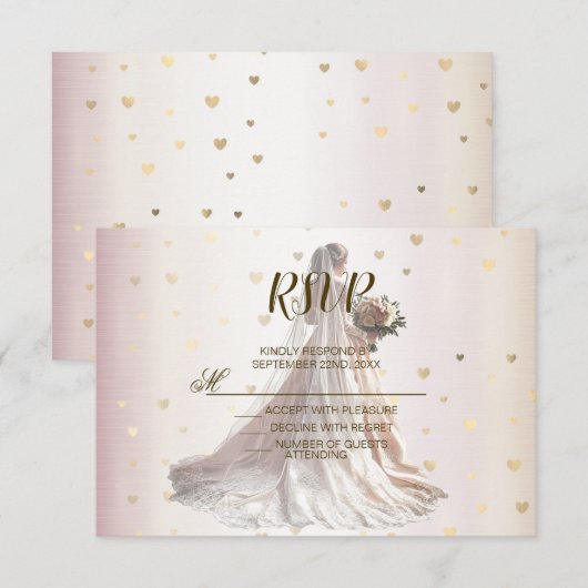 Roos Winter Bruid Golden Shiny Hearts RSVP Kaartje (Voorkant / Achterkant)