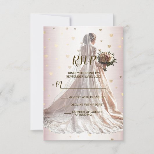 Roos Winter Bruid Golden Shiny Hearts RSVP Kaartje (Voorkant)
