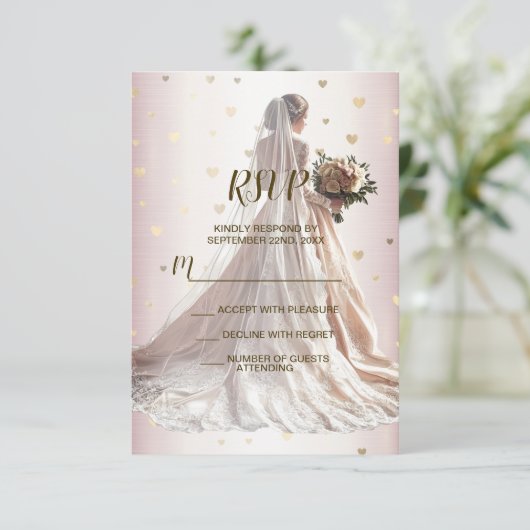 Roos Winter Bruid Golden Shiny Hearts RSVP Kaartje (Staand voorkant)