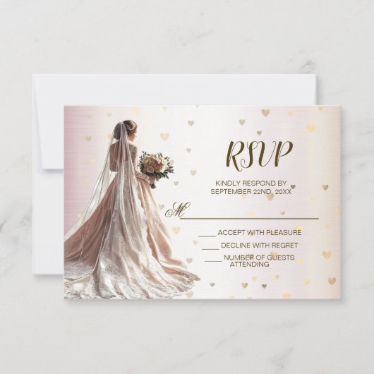 Roos Winter Bruid Golden Shiny Hearts RSVP Kaartje (Voorkant)