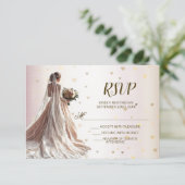 Roos Winter Bruid Golden Shiny Hearts RSVP Kaartje (Staand voorkant)