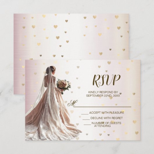 Roos Winter Bruid Golden Shiny Hearts RSVP Kaartje (Voorkant / Achterkant)