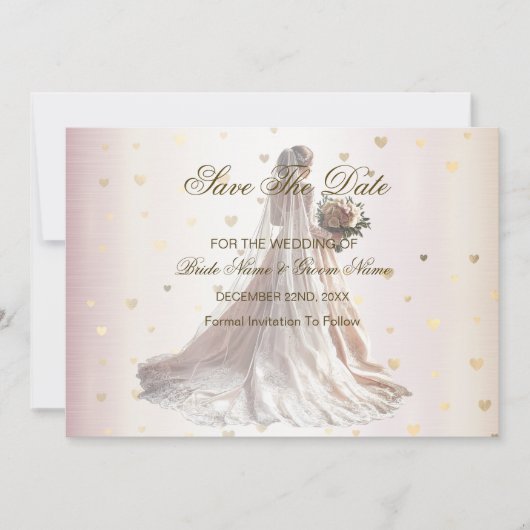 Roos Winter Bruid Golden Shiny Hearts Save The Date (Voorkant)