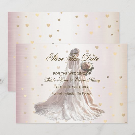 Roos Winter Bruid Golden Shiny Hearts Save The Date (Voorkant / Achterkant)