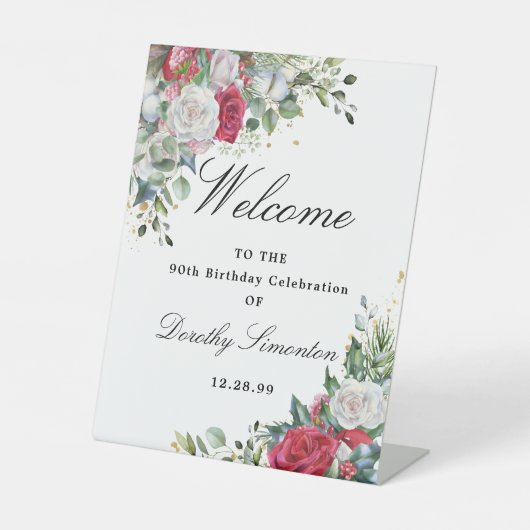 Roos Winter Greenery 90th Birthday Welcome Reclamebord Met Voetstuk (Voorkant)
